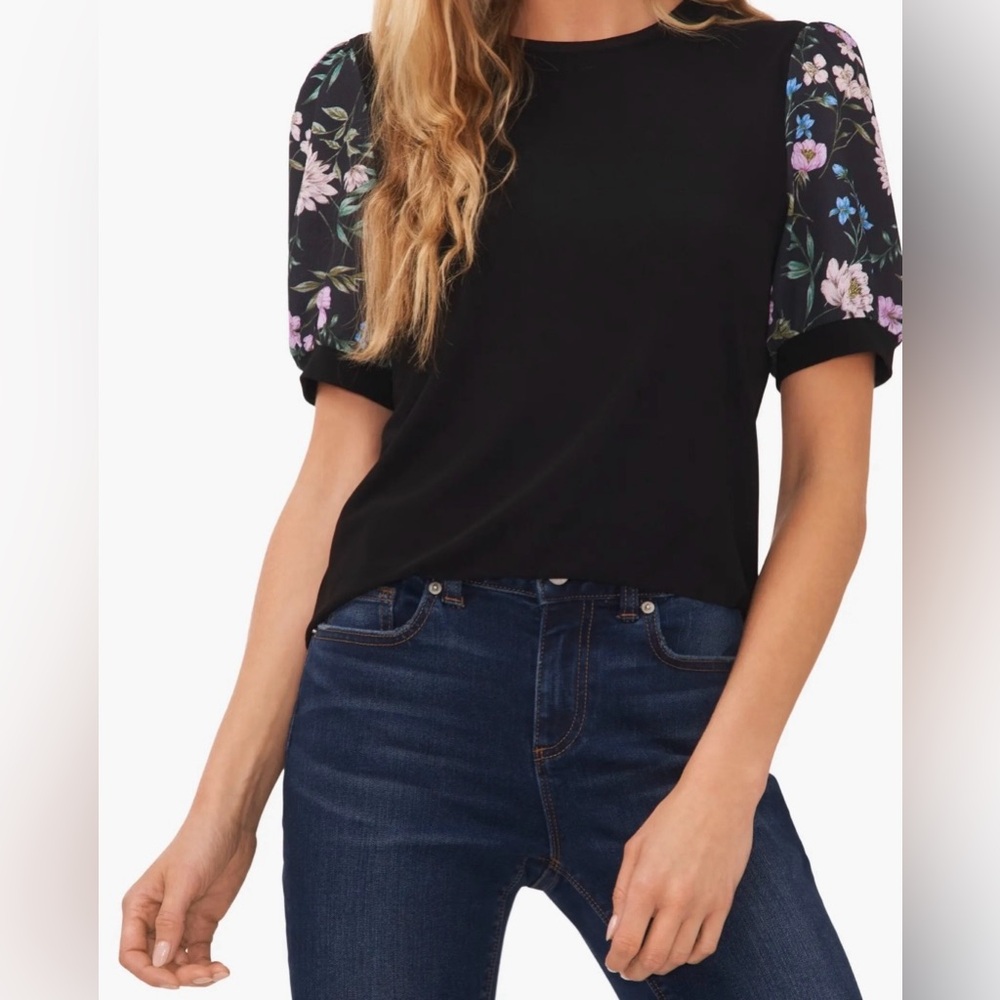 Cece Mixed Media Puff Sleeve Knit Top
